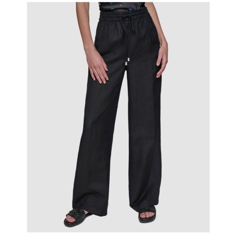 Karl Lagerfeld Paris Petite Linen-Blend Wide-Leg Drawstring Pants PXS Black.